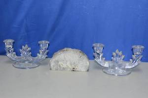 lot 59 image: Purple Rock Candle Holder and 2 Glass candle stick holders