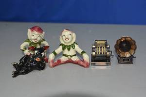lot 61 image: Durham Bronze Victrola, Cash register both working and Royal Copely Elves