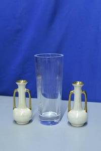 lot 63 image: Lot of vases including Iridescent pearl vases, heavy glass vase