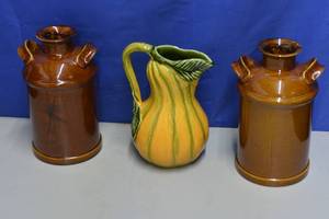 lot 86 image: Olfire Portugal Bottery Gourd orange green and 2 brown jug displays
