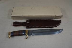Stainless Blade Collector Knife with Leather Sheath and Leather Wrapped Handle