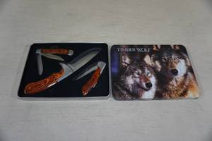 Timber Wolf 3 Piece Wood Handle Knife Set in Collector Tin