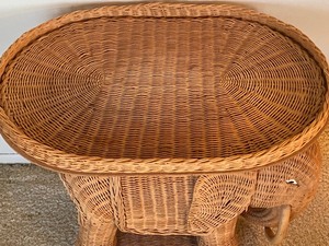 lot 28 image: Fun Vintage Wicker Elephant Shaped Accent Table or Vintage Elephant Wicker Stand