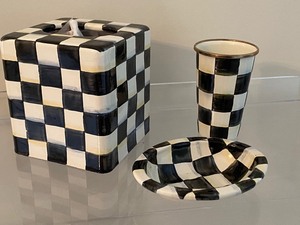 lot 9 image: MacKenzie-Childs Courtly Check Soap Dish, Tumbler and Kleenex Holder