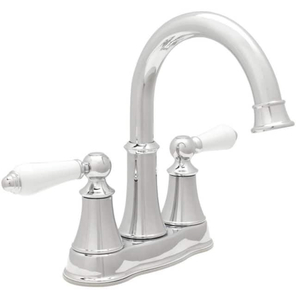 lot 53 image: PFISTER Courant 4 in. Centerset 2-Handle Bathroom Faucet in Polished Chrome with White Handles