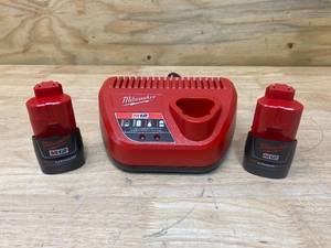 lot 86 image: MILWAUKEE M12 12-Volt Lithium-Ion Battery Charger with 2- M12 12-Volt Lithium-Ion Compact Battery Packs (1.5Ah)