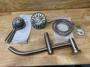 lot 124 image: GLACIER BAY 6-Spray Wall Bar Raincan Showerhead with 6-Spray Handshower in Brushed Nickel
