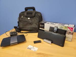 Tech Lot I - DELL Lap Top Bag - EA6500 Linksys Router - Sony iPhoneiPod Clock Black Radio Speaker Dock