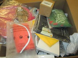 box of cat toys, pillow covers hall...