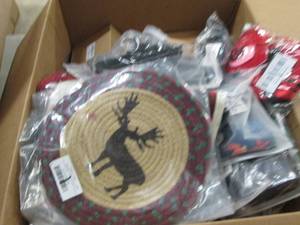 box of pillow covers, hot pads ,umb...