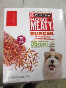 box of purina moistand meaty burger...