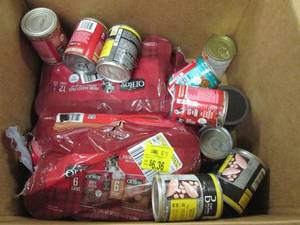 box of canned dog food and 20 bags ...