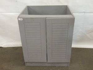 lot 567 image: Gray Two-Door 29 Inch Wide CabinetCupboard with Horizontal Slashes on Doors