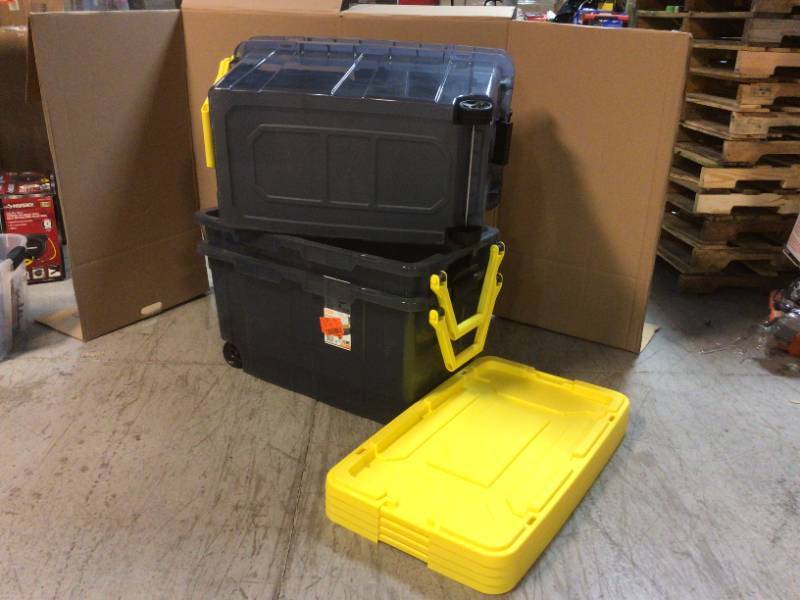 70 Gal. Tough Storage Tote with Wheels in Black with Yellow Lid