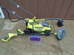 Ryobi 18 volt lithium cordless mower with trimmer & edger. All tested & working. No battery or charger included. As shown.