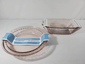 lot 130 image: 2 New Pink Anchor Laurel Embossed Glass Baking Dishes