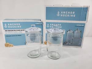 lot 240 image: 5 New Anchor Hocking Mini Heritage Glass Jars