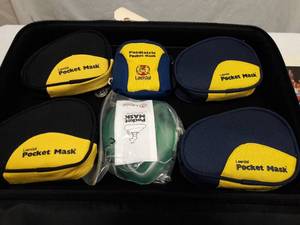 lot 6 image: MSRP $600 Laerdal CPR Barrier Kit with Face Barrier Key Chains and Pocket Masks Plus More - All Appear New In This Portable Kit