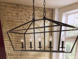 Home Decorators Collection Weyburn 5-Light 36 in. Bronze Caged Farmhouse Linear Island Hanging Chandelier for Kitchen Open box