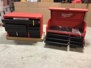 lot 101 image: Milwaukee 46 in. 16-Drawer Steel Tool Chest and Rolling Cabinet Set, Textured Red and Black Matte Customer Returns see pictures