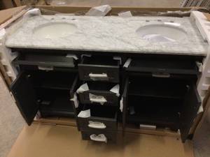 lot 108 image: Home Decorators Collection Windlowe 61 in. W x 22 in. D x 35 in. H Bath Vanity in Gray vanity top is damaged review pictures carefully