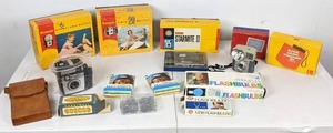 Vintage Collection of 9 Cameras and Camera Bulbs Polaroid, Kodak, Imperial, Minolta and Ansco
