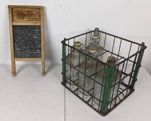 Vintage Collection The Zing King Lingerie Washboard, Metal Basket with Glass 64oz Jug Bottles
