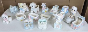 Set of 18 Assorted Vintage Porcelain and Ceramic Nursery Theme Planters and Music Box Figurines Inarco, Relpo, Rubens, and More