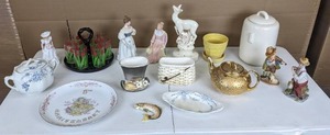 Vintage Collection of Decorative Dishes, Figurines, Teapot, Black Depression Glass Tumbler Caddy, McCoy and More