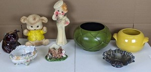 Set of 8 Vintage Decorative Pieces Carnival Glass Bowl, 1962 Edward Mobley Rubber Bear, and More Decorative Dishes and Figurines