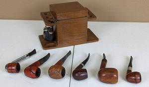 Collection of 6 Vintage Wood Tobacco Pipes and Wooden Pipe Stand Humidor