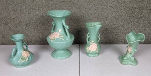 lot 50 image: Collection of 4 Vintage Green Weller Pottery Vases