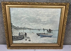 lot 25 image: Vintage Framed Wall Art Reproduction The Beach at Sainte Adresse by Claude Monet