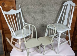 lot 45 image: Lot of 4 Vintage Painted Wooden Chairs 2 Childrens Chairs, an Adult Size Chair and Rocking Chair