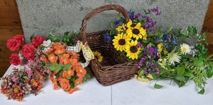 lot 93 image: Variety of Faux Flower Arrangements and Wicker Basket