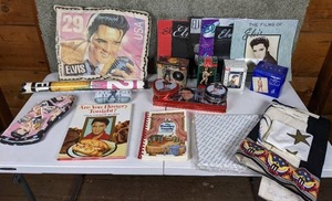 lot 27 image: Vintage Elvis Presley Memorabilia Collection Pillow, Poster, Cookbooks, Oven Mitt and Much More