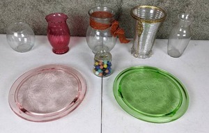 lot 31 image: Collection of 8 Vintage Glass Pieces Marbles, Depression Glass Vase and Plates and More