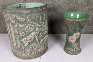 lot 32 image: Large Vintage Roseville Elk Stoneware Crock & Green Floral Vase