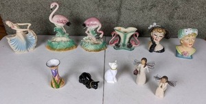 lot 33 image: Collection of 11 Vintage Ceramic, Porcelain and Wood Figurines Maddux of California Flamingoes, Napco, Noritake and More