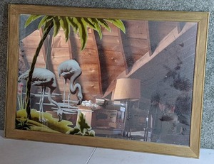 lot 20 image: Vintage Gold Framed Wall Mirror With FlamingoPalm Tree Decoration