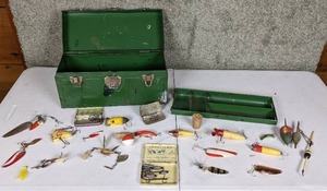lot 10 image: Vintage Green Metal Tackle Box with Fishing Gear, Lures, Bobbers, Weights, Hooks and More