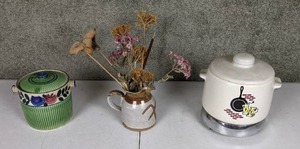 lot 54 image: Vintage Bean Crock, Cookie Jar, and Pitcher