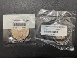 lot 58 image: 1973 UNC-60 and 1973-S Proof-63 Ike Dollars