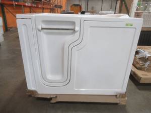 lot 401 image: Health Smart 54 x 30 x 43 White Walk in Tub- Left Handed, 3054LW-S. - Some Chipping Around Door - door is functional.