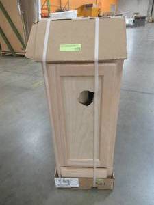 lot 411 image: Hampton Bay Hampton Assembled 12x34.5x24 in. Base Kitchen Cabinet in Unfinished Beech - Hole in Door - Needs repair.