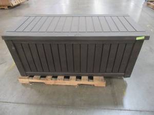 lot 414 image: Keter Rockwood Plastic Deck Storage Container Box Outdoor Patio Garden Furniture 150 Gal, Brown - Missing Lock Mechanism.