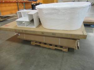 lot 419 image: LARGE WHOLESALESALVAGE PALLET (Approximately 5 Pieces) Of Storage Shed Parts, Tub (slight Crack), Shower Enclosure and More