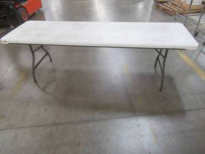 lot 424 image: 96 in. White Plastic Folding Banquet Table - Used in Warehouse - Scratch and Dent.