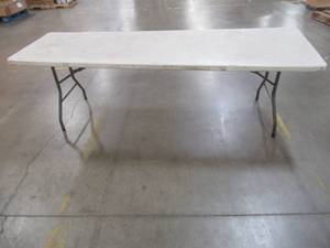 lot 425 image: 96 in. White Plastic Folding Banquet Table - Used in Warehouse - Scratch and Dent (bent Legs).