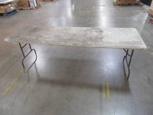 lot 426 image: 96 in. White Plastic Folding Banquet Table - Used in Warehouse - Scratch and Dent.
